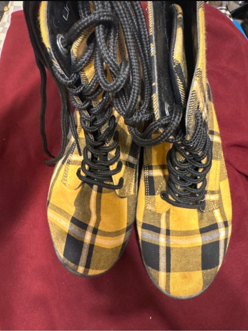 Plaid Yellow Lace-Up Women's Ankle Boots